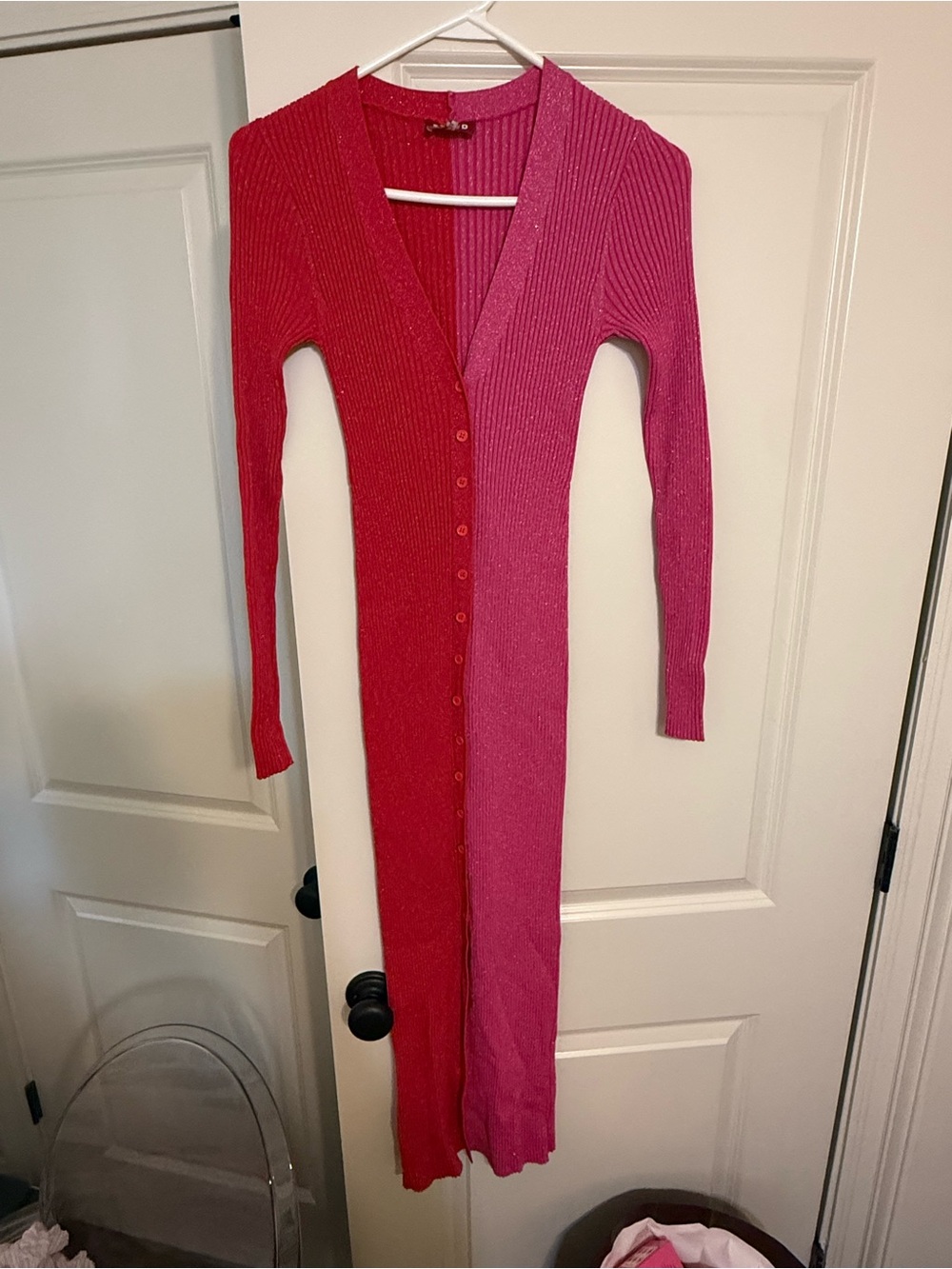 STAUD Sparkly Red & Pink Ribbed Button-Front Knit Dress